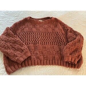 Billabong Rust Crochet Knit Sweater Open Weave Long Sleeve Pullover Crop S
